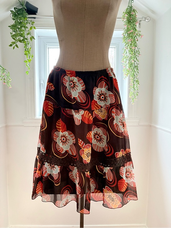 Jessica Dresses & Skirts - Jessica Brown Midi Skirt with Orange, Blue and Cream Floral Print